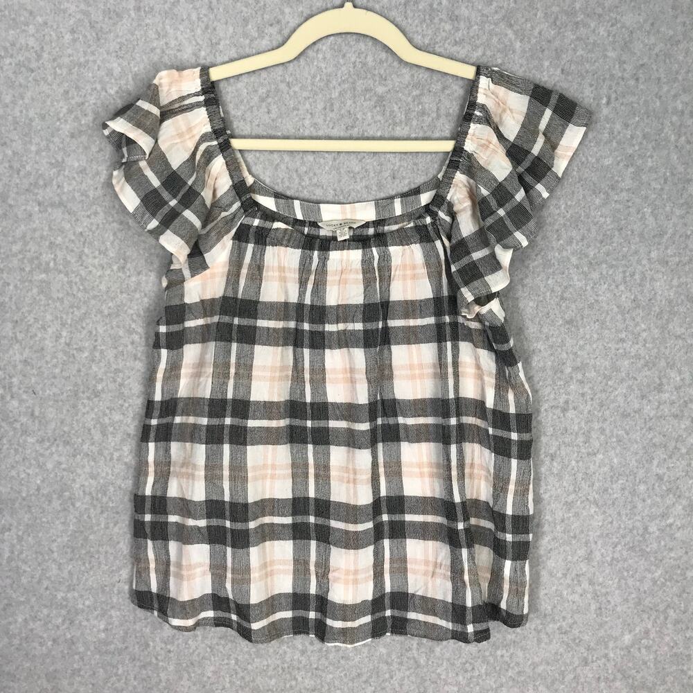 Lucky Brand Top Womens Medium Gray Blouse Tank Plaid Ruffle Flowy Rodeo Cowgirl